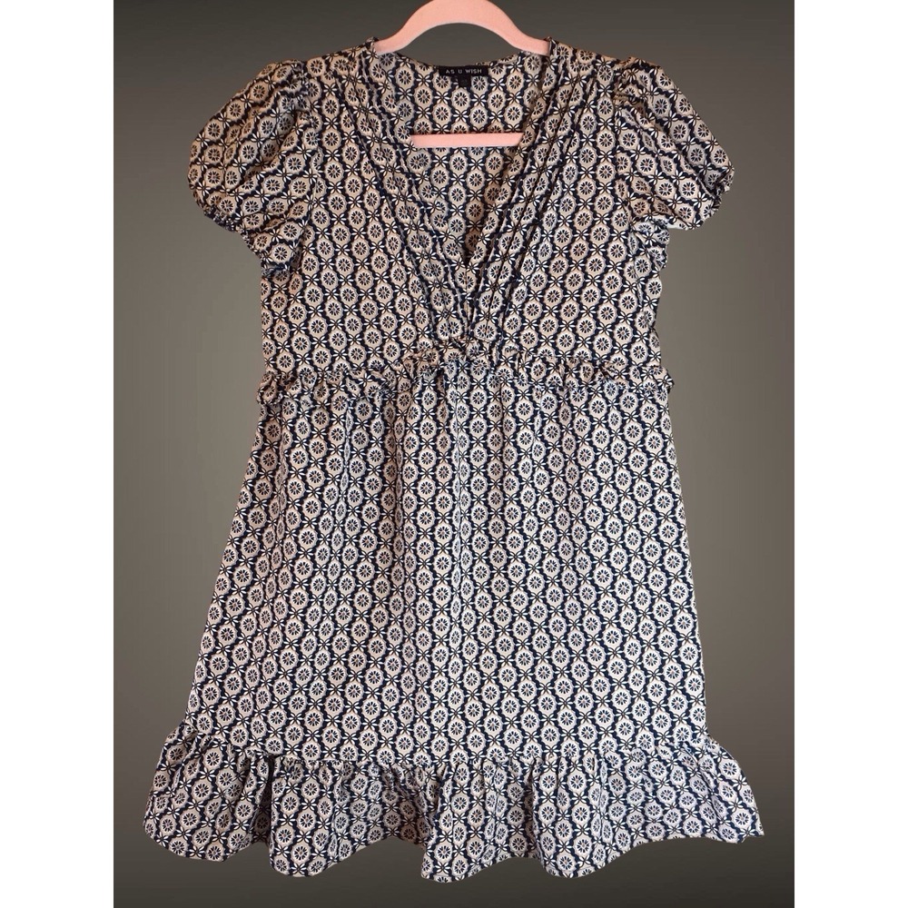 NWT As U‎ Wish Retro Geometric Puff Sleeve V Neck Ruffle Dress Sz XS